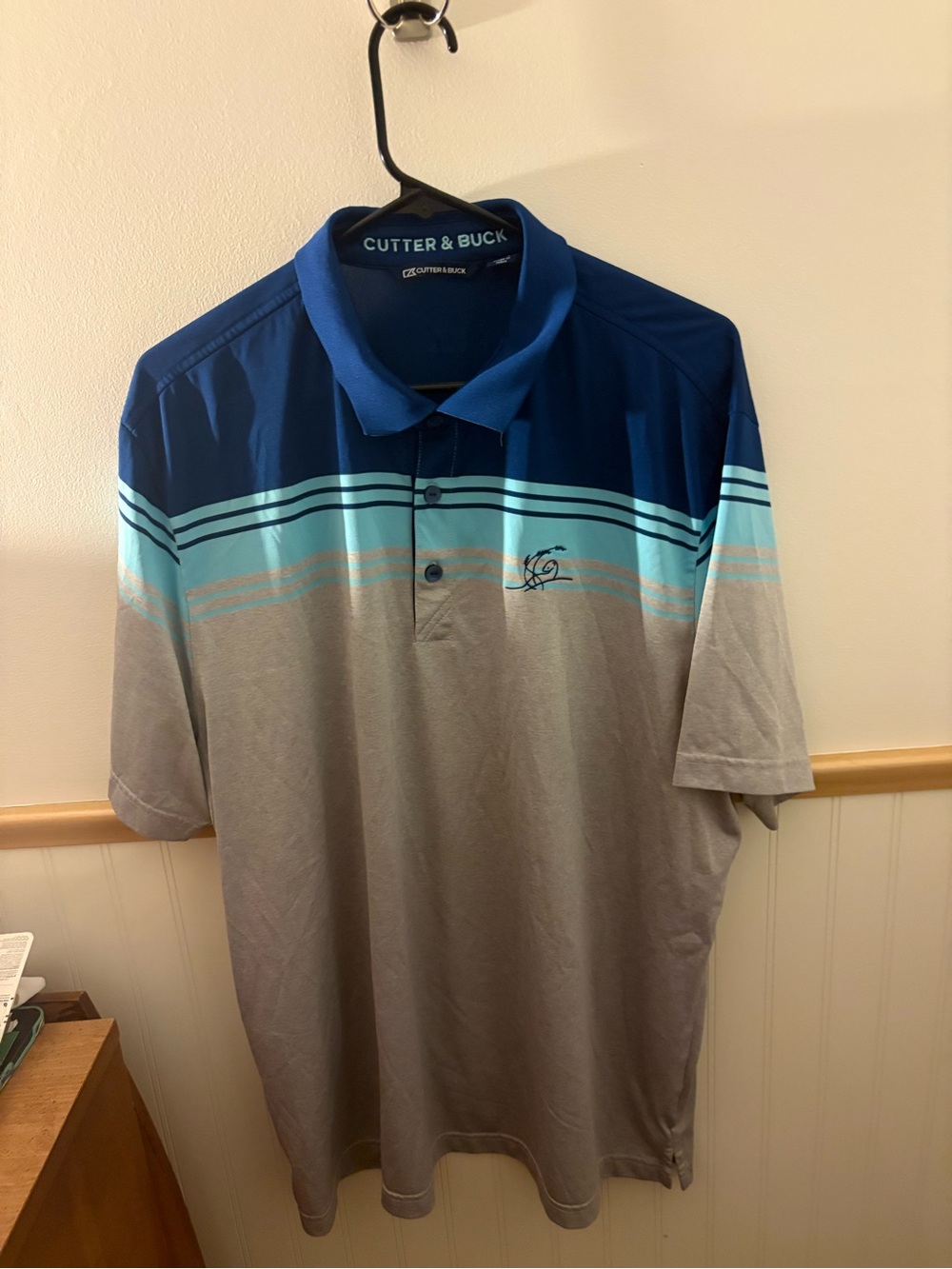 Cutter & Buck Mens XL Golf Polo Navy Blue Aqua Gray Striped Embroidered Logo